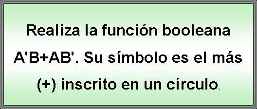 Cuadro de texto: Realiza la funcin booleana A'B+AB'. Su smbolo es el ms (+) inscrito en un crculo. 