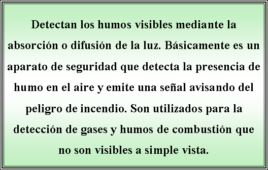 Cuadro de texto: Detectan los humos visibles mediante la absorcin o difusin de la luz. Bsicamente es un aparato de seguridad que detecta la presencia de humo en el aire y emite una seal avisando del peligro de incendio. Son utilizados para la deteccin de gases y humos de combustin que no son visibles a simple vista. 