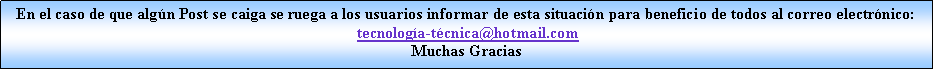 Proceso: En el caso de que algn Post se caiga se ruega a los usuarios informar de esta situacin para beneficio de todos al correo electrnico: tecnologa-tcnica@hotmail.comMuchas Gracias 