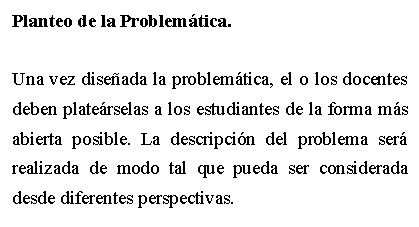 Cuadro de texto: Planteo de la Problemtica.Una vez diseada la problemtica, el o los docentes deben platerselas a los estudiantes de la forma ms abierta posible. La descripcin del problema ser realizada de modo tal que pueda ser considerada desde diferentes perspectivas.