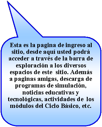 Llamada rectangular redondeada: Esta es la pagina de ingreso al sitio, desde aqu usted podr acceder a travs de la barra de exploracin a los diversos espacios de este  sitio. Adems     a paginas amigas, descarga de programas de simulacin, noticias educativas y tecnolgicas, actividades de  los mdulos del Ciclo Bsico, etc.