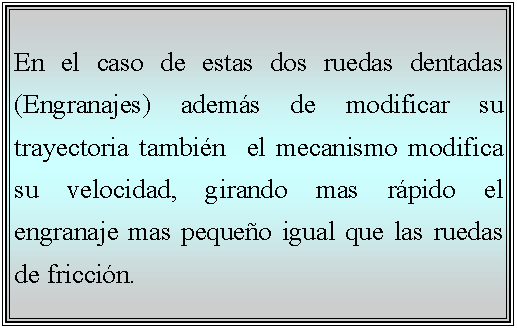 Cuadro de texto: En el caso de estas dos ruedas dentadas (Engranajes) adems de modificar su trayectoria tambin  el mecanismo modifica su velocidad, girando mas rpido el engranaje mas pequeo igual que las ruedas de friccin. 