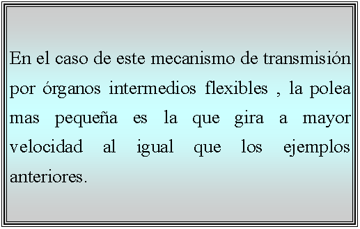 Cuadro de texto: En el caso de este mecanismo de transmisin por rganos intermedios flexibles , la polea mas pequea es la que gira a mayor velocidad al igual que los ejemplos anteriores.