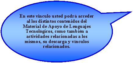 Llamada ovalada: En este vinculo usted podr acceder al los distintos contenidos del Material de Apoyo de Lenguajes Tecnolgicos, como tambin a actividades relacionadas a los mismos, su descarga y vnculos relacionados.