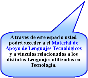 Llamada rectangular redondeada: A travs de este espacio usted podr acceder a el Material de Apoyo de Lenguajes Tecnolgicos y a vnculos relacionados a los distintos Lenguajes utilizados en Tecnologa. 