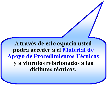 Llamada rectangular redondeada: A travs de este espacio usted podr acceder a el Material de Apoyo de Procedimientos Tcnicos y a vnculos relacionados a las distintas tcnicas.