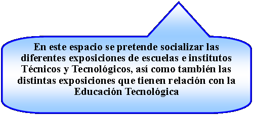 Llamada rectangular redondeada: En este espacio se pretende socializar las diferentes exposiciones de escuelas e institutos Tcnicos y Tecnolgicos, as como tambin las distintas exposiciones que tienen relacin con la Educacin Tecnolgica 