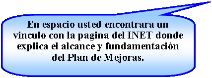 Llamada rectangular redondeada: En espacio usted encontrara un vinculo con la pagina del INET donde explica el alcance y fundamentacin del Plan de Mejoras.