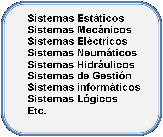 Rectngulo redondeado: Sistemas EstticosSistemas MecnicosSistemas ElctricosSistemas NeumticosSistemas HidrulicosSistemas de GestinSistemas informticosSistemas LgicosEtc.