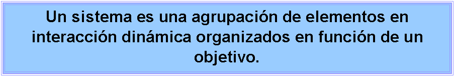 Cuadro de texto: Un sistema es una agrupacin de elementos en interaccin dinmica organizados en funcin de un objetivo.