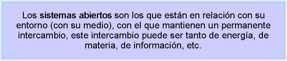 Cuadro de texto: Los sistemas abiertos son los que estn en relacin con su entorno (con su medio), con el que mantienen un permanente intercambio, este intercambio puede ser tanto de energa, de materia, de informacin, etc.