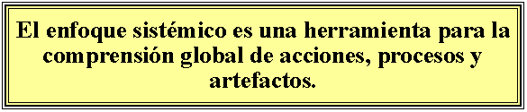 Cuadro de texto: El enfoque sistmico es una herramienta para la comprensin global de acciones, procesos y artefactos.