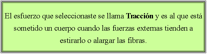 Cuadro de texto: El esfuerzo que seleccionaste se llama Traccin y es al que est sometido un cuerpo cuando las fuerzas externas tienden a estirarlo o alargar las fibras.