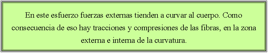 Cuadro de texto: En este esfuerzo fuerzas externas tienden a curvar al cuerpo. Como consecuencia de eso hay tracciones y compresiones de las fibras, en la zona externa e interna de la curvatura.