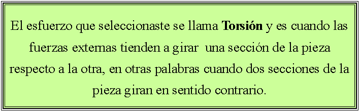 Cuadro de texto: El esfuerzo que seleccionaste se llama Torsin y es cuando las fuerzas externas tienden a girar  una seccin de la pieza respecto a la otra, en otras palabras cuando dos secciones de la pieza giran en sentido contrario.