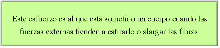Cuadro de texto: Este esfuerzo es al que est sometido un cuerpo cuando las fuerzas externas tienden a estirarlo o alargar las fibras.