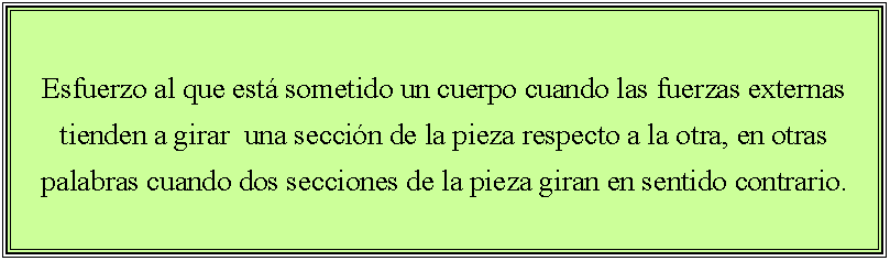 Cuadro de texto: Esfuerzo al que est sometido un cuerpo cuando las fuerzas externas tienden a girar  una seccin de la pieza respecto a la otra, en otras palabras cuando dos secciones de la pieza giran en sentido contrario.
