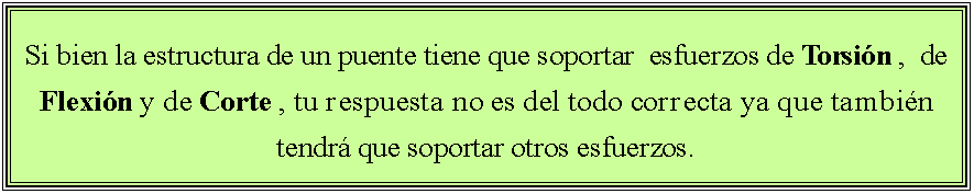 Cuadro de texto: Si bien la estructura de un puente tiene que soportar  esfuerzos de Torsin ,  de Flexin y de Corte , tu respuesta no es del todo correcta ya que tambin tendr que soportar otros esfuerzos. 