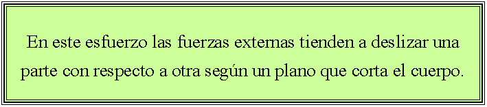 Cuadro de texto: En este esfuerzo las fuerzas externas tienden a deslizar una parte con respecto a otra segn un plano que corta el cuerpo. 