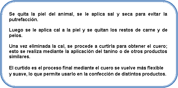Rectngulo redondeado: Se quita la piel del animal, se le aplica sal y seca para evitar la putrefaccin.Luego se le aplica cal a la piel y se quitan los restos de carne y de pelos.Una vez eliminada la cal, se procede a curtirla para obtener el cuero; esto se realiza mediante la aplicacin del tanino o de otros productos similares. El curtido es el proceso final mediante el cuero se vuelve ms flexible y suave, lo que permite usarlo en la confeccin de distintos productos.
