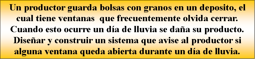 Proceso: Un productor guarda bolsas con granos en un deposito, el cual tiene ventanas  que frecuentemente olvida cerrar. Cuando esto ocurre un d�a de lluvia se da�a su producto. Dise�ar y construir un sistema que avise al productor si alguna ventana queda abierta durante un d�a de lluvia.