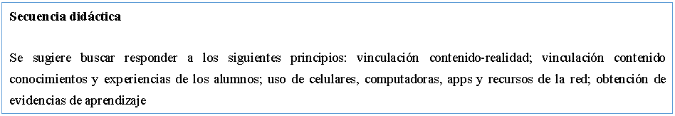 Cuadro de texto: Secuencia didcticaSe sugiere buscar responder a los siguientes principios: vinculacin contenido-realidad; vinculacin contenido conocimientos y experiencias de los alumnos; uso de celulares, computadoras, apps y recursos de la red; obtencin de evidencias de aprendizaje