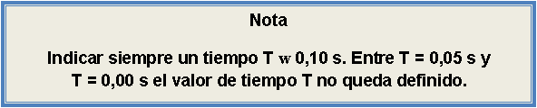 Cuadro de texto: NotaIndicar siempre un tiempo T w 0,10 s. Entre T = 0,05 s yT = 0,00 s el valor de tiempo T no queda definido.